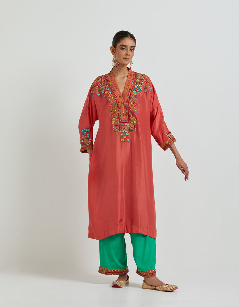 Coral Kurta Set with a Mint Palazzo