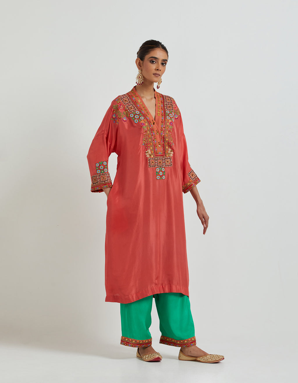 Coral Kurta Set with a Mint Palazzo