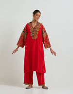 Red Kurta Set with Embroidery on Around The Neckline