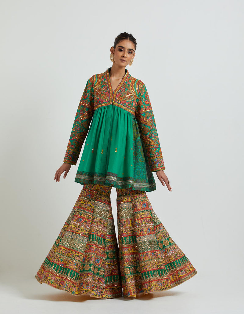 Meena Green Short Peplum With a Sharara Set