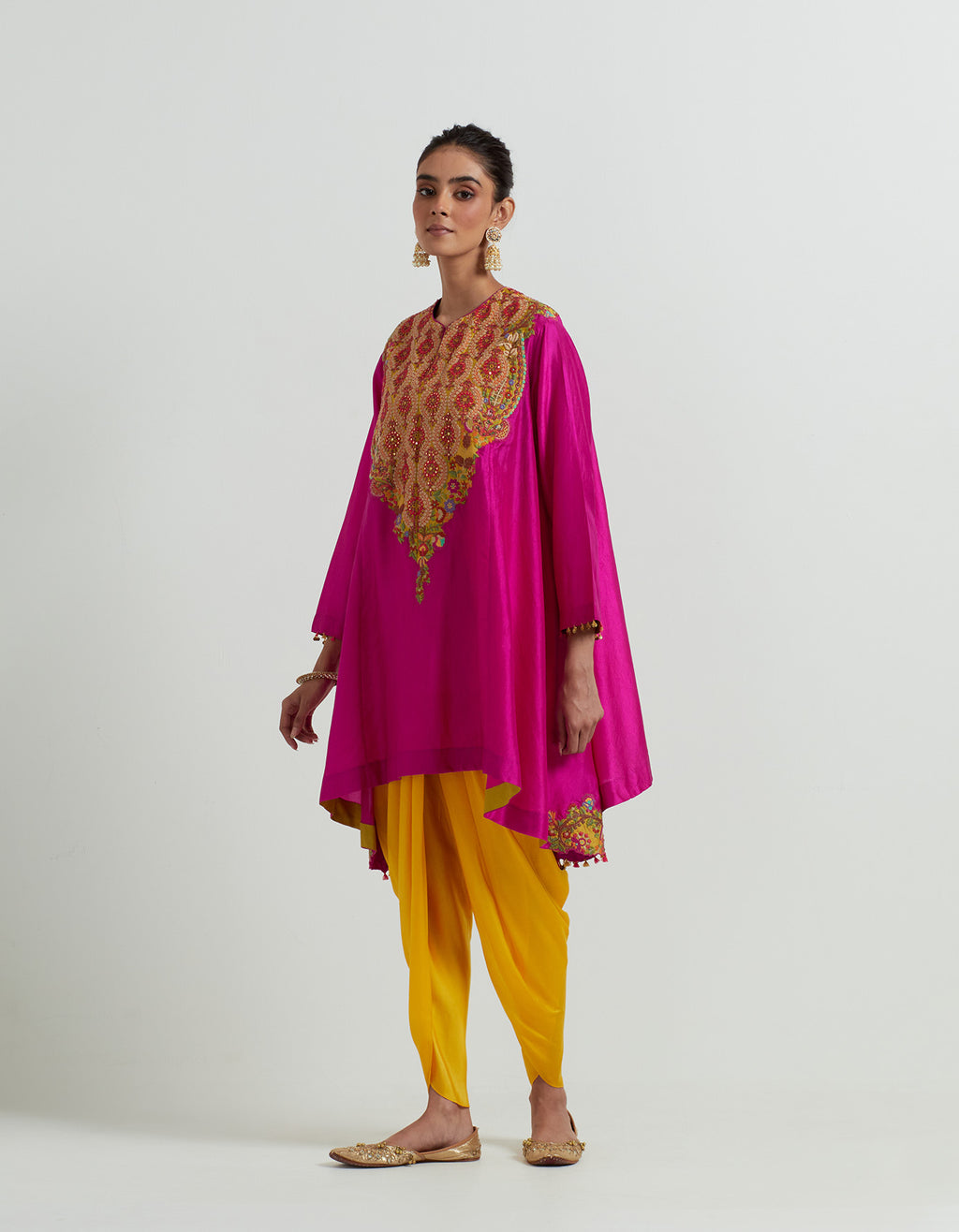 Magenta Tunic and Mustard Dhoti Set