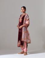 Jamuni Velvet Ali Kurta With Powder Pink Pleated Salwar