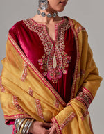 Rani Velvet Ali Kurta With Printed Pleated Salwar