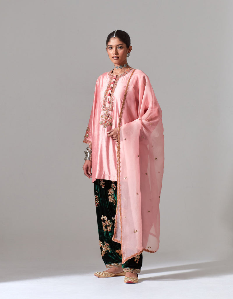 Powder Pink Shohar Kurta With Green Embroidered Velvet Salwar