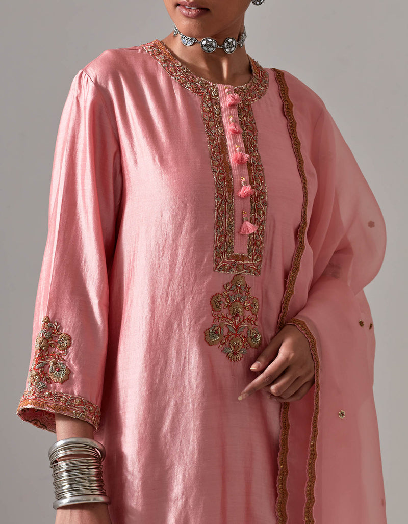 Powder Pink Shohar Kurta With Green Embroidered Velvet Salwar