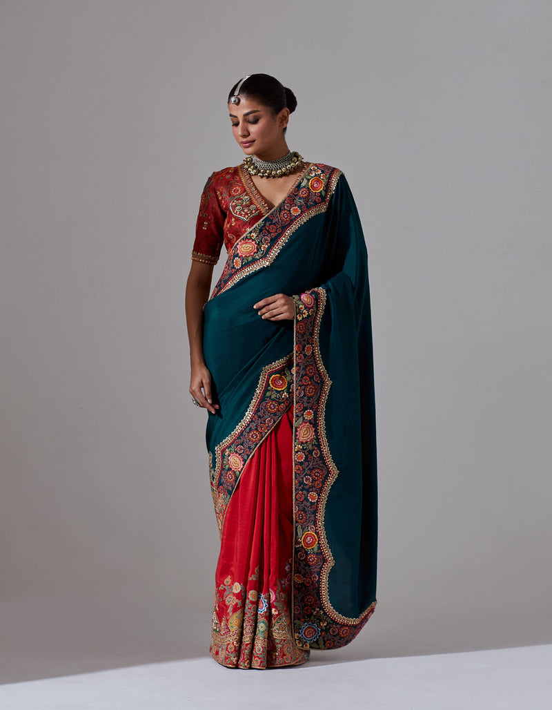 Red And Blue Half & Half Saree And Blouse