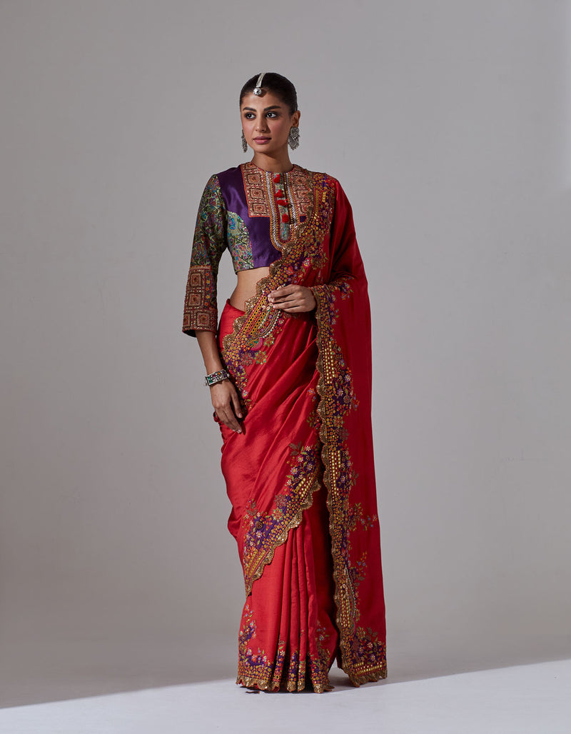 Red And Purple Patch Work Saree With a Printed Blouse