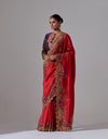 Red And Purple Patch Work Saree With a Printed Blouse
