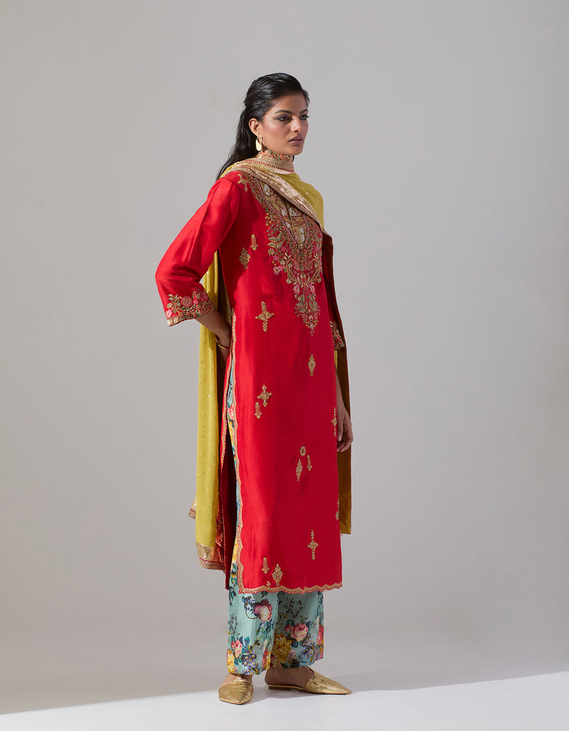 Red Silk Kurta with Printed Pants and a Dupatta