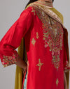 Red Silk Kurta with Printed Pants and a Dupatta