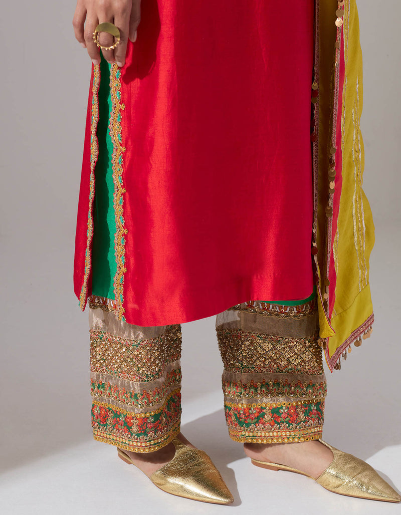 Red Kurta Set with Printed Pants