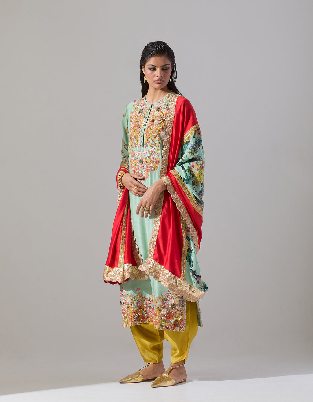 Pista Green Silk Dupion Kurta with a Dhoti and Dupatta Set