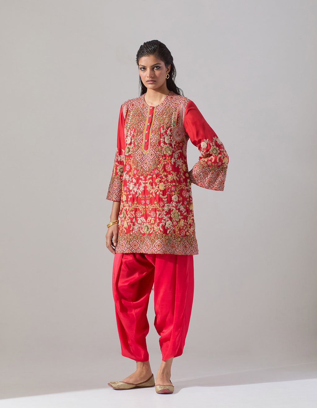 Red Silk Dupion Short Kurta with Tulip Pants