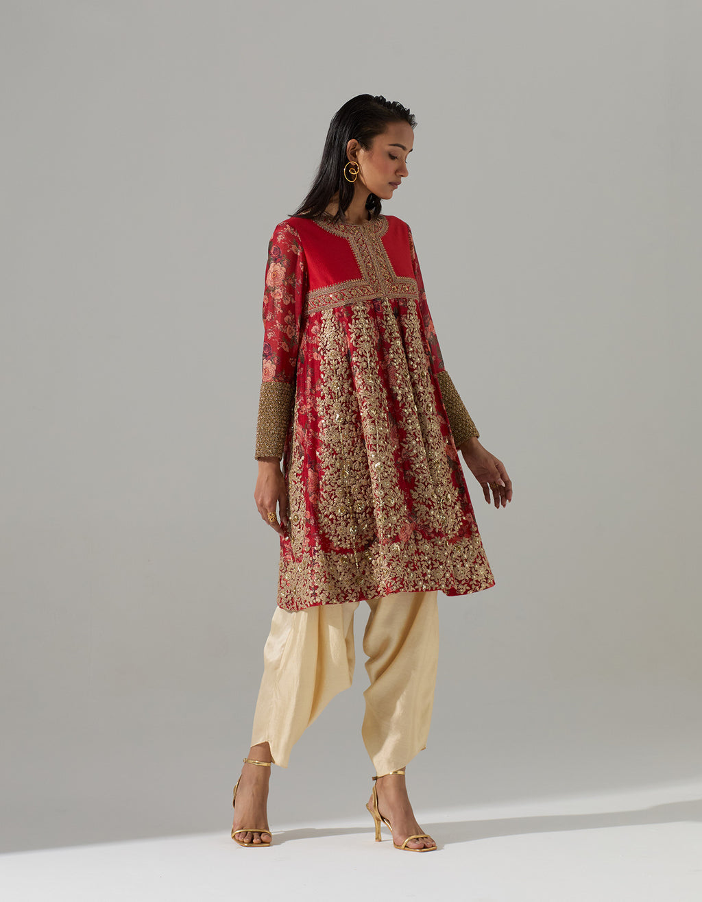 Red Organza Flared Tunic with Off White Dhoti Pants