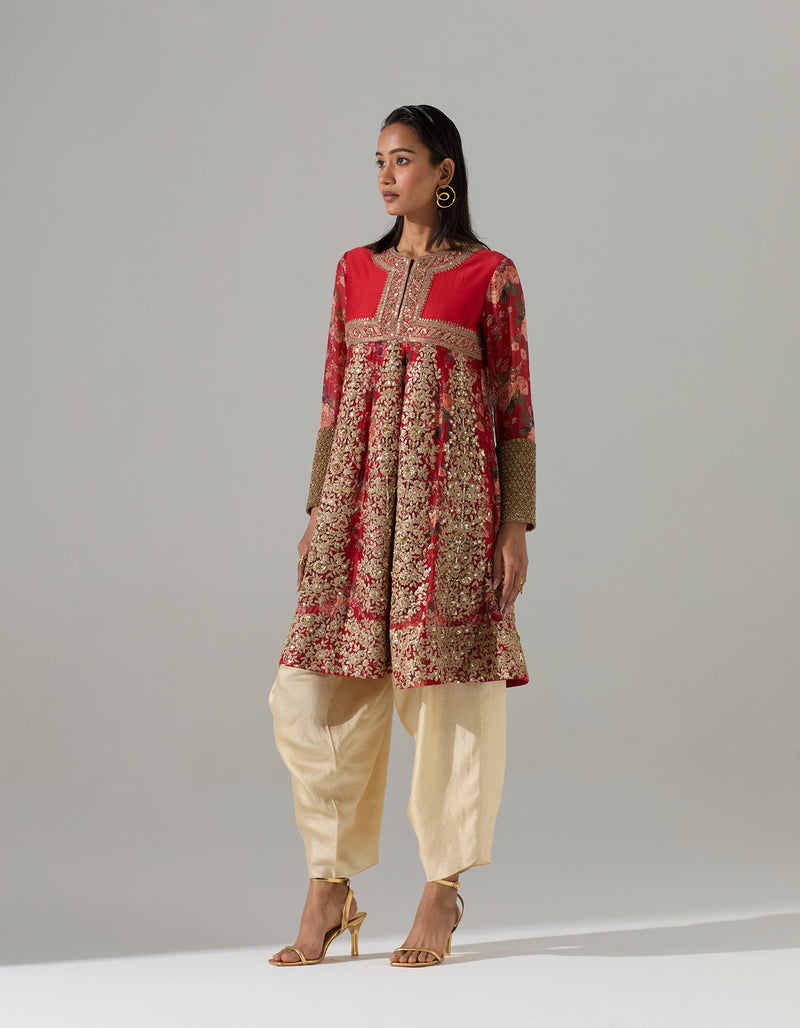 Red Organza Flared Tunic with Off White Dhoti Pants