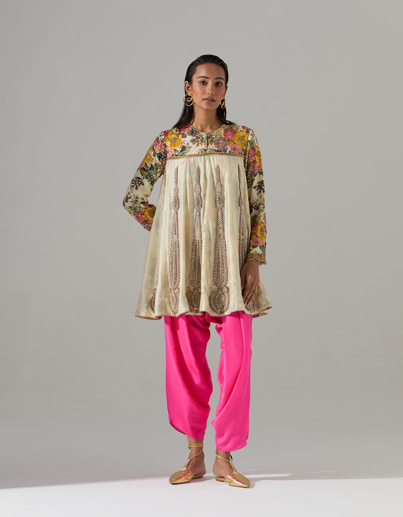 Ivory Gathered Short Kurta with Neon Pink Dhoti Pants
