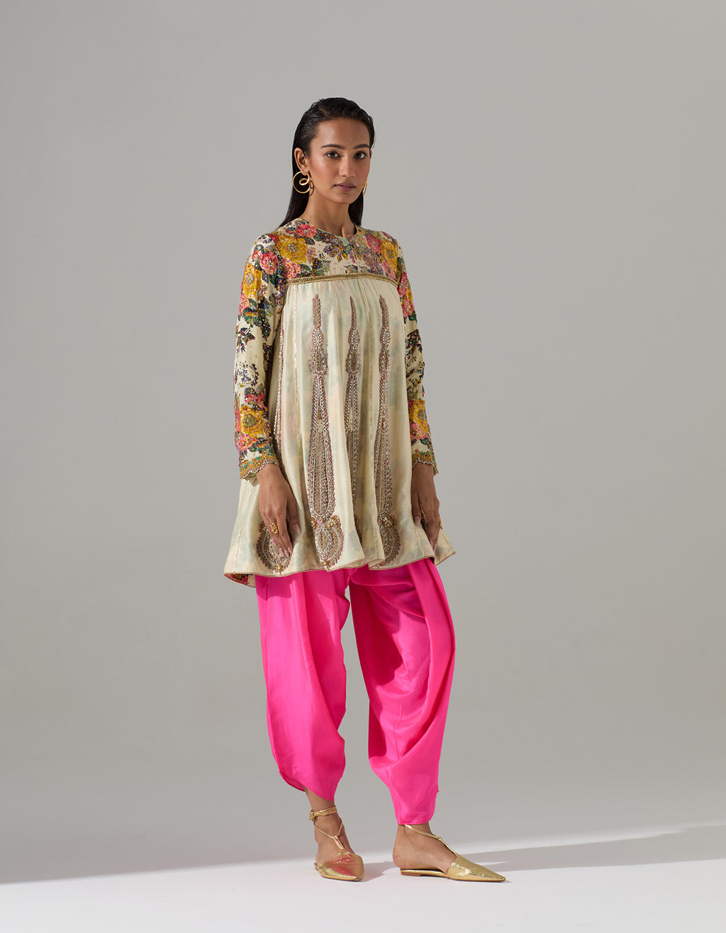 Ivory Gathered Short Kurta with Neon Pink Dhoti Pants