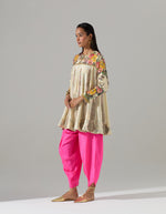 Ivory Gathered Short Kurta with Neon Pink Dhoti Pants