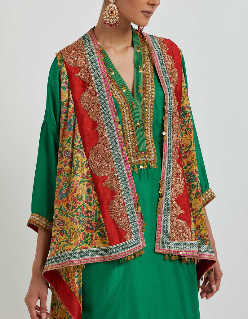 Green Silk Kurta Set with a High Low Jacket