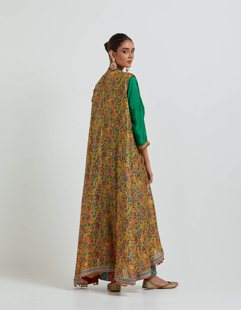 Green Silk Kurta Set with a High Low Jacket